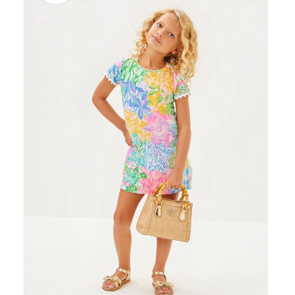 Lilly Pulitzer Girls MINI CODY DRESS, MULTI BRIGHT DELIGHT PATCH XL 12-14
